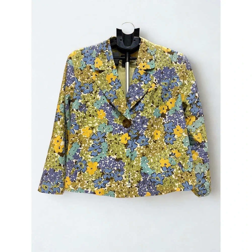 R.Q.T RQT Women Size Petite XL Floral Blazer Jacket Vintage Linen Blend - Picture 1 of 4